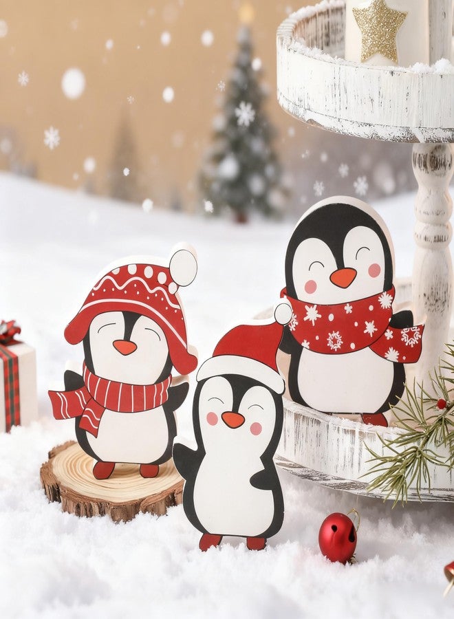 NEWLIGHTURE Christmas Penguin Decor Set of 3 Wooden Penguins Winter Tiered Tray Decor Cute Penguin Blocks Xmas Table Decoration for Tiered Trays, Shelf, Door, Office Holiday Party - Image 1